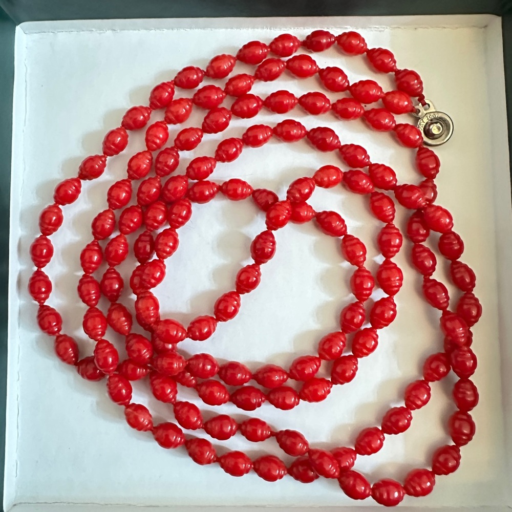 Vintage Long Handknotted Red Barrel & Round Faceted Plastic Bead Necklace